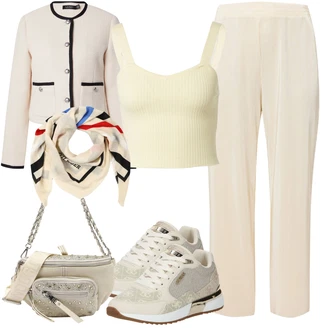 outfit mit Bež/Bela/Khaki Nagubane hlače/Hlače z Visokim Pasom/Hlače iz muslina/Hlača z Razporkom/Slip-on Hlača/Ravna Hlača "Barvita pomladna oprava"