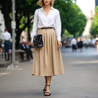 Elegantní outfity Matriční úřad s Bílá/Béžová/Khaki Krátká Sukně/Manšestrová sukně/Pletená sukně/Vlněná Sukně/Sukně Pro Školní Uniformu/Sukně Pro Vysokou Školu/Sukně boucle/Moderní Sukně/Korejská Sukně/Krátká plisovaná sukně/90tá Léta Sukně/Unisex Sukně Mango "Firemní ležérní kancelářský outfit pro ženy v létě"Look: Banka, Koncert, Škola, Matriční úřad