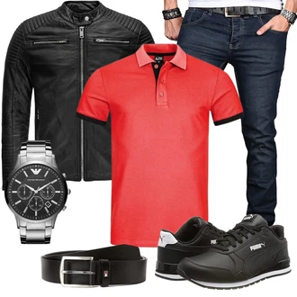Outfit mit Schwarz/Rot Vintage LederJacke/MotorradJacke/Jacke mit Seitlichem Reißverschluss/BikerJacke/KunstlederJacke Redbridge "Freizeit Kleidung"