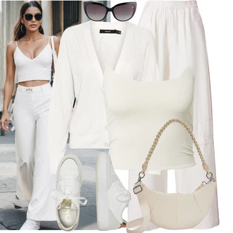 Outfit s Bílá/Béžová/Krémová/Khaki Pumpová Kalhoty/Mušelínové kalhoty/Tradiční Kalhoty/Široká Kalhoty/Palazzo Kalhoty/Lněné Kalhoty/Bavlněná Kalhoty/Marlene Kalhoty about you x toni garrn "Jarní outfit"