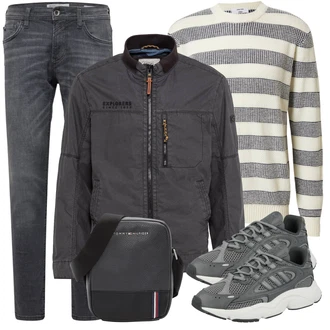 Outfit mit Grau/Dunkelblau/Dunkelgrau/Hellgrau Thermojeans/Slim Fit Jeans/Winterjacke/Leder Schuhe/Tapered-Jeans/Herren Lederjacke/Regular-Fit Jeans/Lederjacke/Sportschuhe/Straight Leg Jean/Damen 7/8-Länge Jeans/Low Rise Jean/Biker Jeans Tom Tailor Denim "Freizeit Outfit"