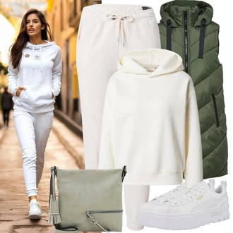 s kapucí Outfit s Krémová/Béžová/Khaki/Bílá Svetr s kapucí/Pletená mikina s kapucí/Oversize mikina/Kožená bunda/Originální mikina/Sportovní mikina/Sportovní mikina/Fleecová Mikina/Vintage mikina Leger by Lena Gercke "Vzhledy pro volný čas"
