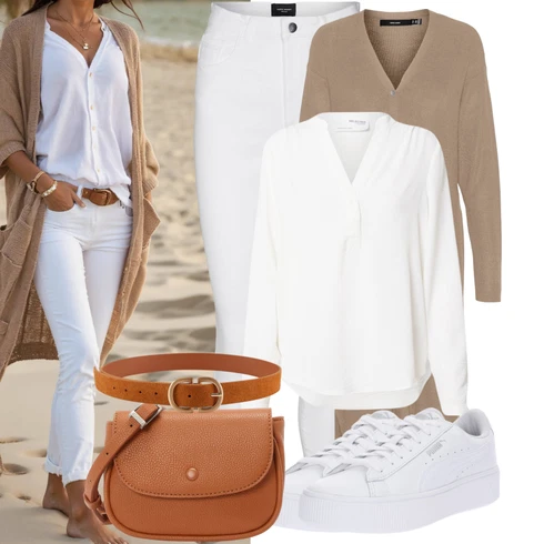 Kombinace Bílá/Krémová Blůza s knoflíčkem/Halenka se Stojatým Límcem/Halenka s Dlouhým Rukávem/Oversize Halenka/Slip-on Halenka Selected kombinovat s Béžová/Hnědá/Khaki/Šedá Pletený Oděv Kašmírový kardigán/Župan/Dlouhé Kardigany VERO MODA