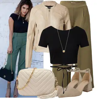 Outfit sa Smeđa/Bež/Kaki Prijelazna Jakna/Motociklistička jakna/Jakna s Patentnim Zatvaračem sa strane/Kožna Jakna Jakna od Umjetne Kože/Kožna Jakna/Kožna Bomber Jakna VERO MODA "Outfit za slobodno vrijeme"