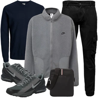 Outfit mit Dunkelblau Feinstrickpullover/Einfacher Pullover/Basic Pullover/Wollpullover/Kaschmir Pullover/Stillpullover/Polo-Pullover/Thermo Pullover Jack & Jones "Freizeit Outfit"
