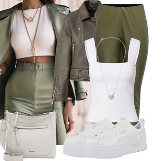 Outfit sa Tamnozelena/Smeđa/Siva/Kaki Motociklistička jakna/Kožna Jakna Jakna od Umjetne Kože/Kožna Jakna/Bajkerska Jakna/Vintage Kožna Jakna VERO MODA "Outfit za slobodno vrijeme"