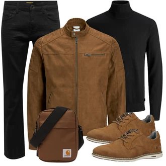 Große Größen Outfit mit Braun/Dunkelbraun/Khaki Mantel/Stehkragen-Strickjacke/Strickjacke/KunstLederjacke/Wachsjacke/Jacke mit Seitlichem Reißverschluss/Nachhaltige Jacke/Vintage Lederjacke/Übergangsjacke/Kunstfaserjacke/Lederjacke Jack & Jones "Freizeit Outfit"