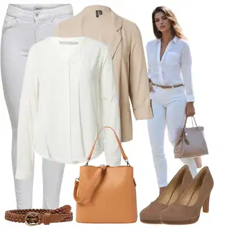 moderne Outfit sa Krem/Bijela Crash bluza/Bluza s Podignutim Ovratnikom/Slip-on Bluza/Kožna jakna za muškarce/Otvorena Bluza/Bluza s gumbom/Musseline Bluz/Poslovna Bluza/Bluza Dugih Rukava Fransa "Outfit za slobodno vrijeme"Look: Stil, klasický, moderne, Sveučilišna, Ured, Transparentan
