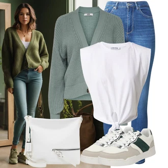 Outfit s Bílá/Béžová/Krémová/Tmavě zelená/Khaki Nízká Teniska/Úzká Teniska/Vintage Teniska/Kožené Tenisky Only "Vzhledy pro volný čas"