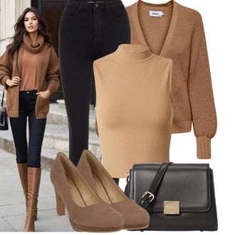 Outfit s Černá Kožená bunda/Termální Džíny/Kožené Boty/High Waist Džínové Kalhoty/Motorkářské Džíny/Push up Džín/Zimní bunda/Džíny s Rozparkem/Slim Fit Džíny Pieces "Elegantní vzhled"