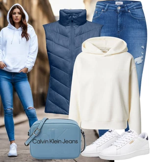 s kapucí Outfit s Krémová/Béžová/Khaki/Bílá Svetr s kapucí/Pletená mikina s kapucí/Oversize mikina/Kožená bunda/Originální mikina/Sportovní mikina/Sportovní mikina/Fleecová Mikina/Vintage mikina Leger by Lena Gercke "Vzhledy pro volný čas"