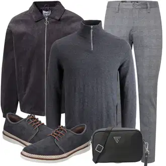 Outfit mit Dunkelgrau/Dunkelblau/Grau Rollkragenpullover/Pullover mit Reißverschluss/Wollpullover/Einfacher Pullover/Feinstrickpullover Jack & Jones "Freizeit Outfit"
