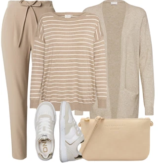 Elegantní Outfit s Béžová/Hnědá/Khaki Mrkvová Kalhoty/Kalhoty s Vysokým Pasem/Plisovaná Kalhoty/Paperbag Kalhoty/Ležérní Kalhoty/Mušelínové kalhoty VERO MODA "Vzhledy pro volný čas"Look: Elegantní, Kancelář, Old Money, Venkovní