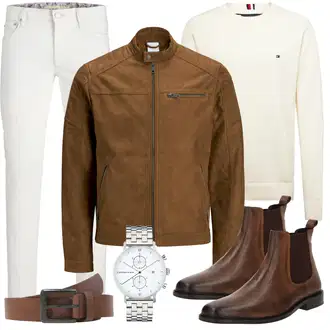 Große Größen Outfit mit Braun/Dunkelbraun/Khaki Mantel/Stehkragen-Strickjacke/Strickjacke/KunstLederjacke/Wachsjacke/Jacke mit Seitlichem Reißverschluss/Nachhaltige Jacke/Vintage Lederjacke/Übergangsjacke/Kunstfaserjacke/Lederjacke Jack & Jones "Freizeit Outfit"