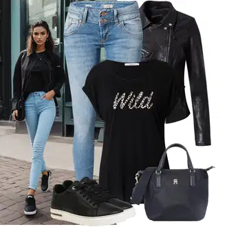 Outfit s Černá/Šedá Kožené Bund Bunda z Umělé Kůže/Kožená vintage bunda/Motorkářská bunda/Motorkářské Bund/Kožené Bund Oakwood "Jarní outfit"