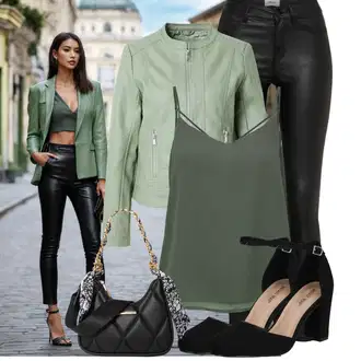 Outfit s Světle Zelená/Zelená Jarní bunda/Motorkářské Bund/Kožené Bund Bunda z Umělé Kůže/Kožená Bomber Bund/Kožené Bund/Motorkářská bunda/Bunda s Bočním Zipem B.young "Vzhledy pro volný čas"