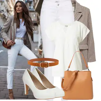 Moderní Outfit s Bílá/Hnědá/Černá Džín s Širokou Nohavicí/Dámské Džíny s Délkou 7/8/Zvonové Džíny/Zkrácené Džíny/Formální Košile/Džíny Culottes/Plisované Džíny Only "Vzhledy pro volný čas"Look: Styl, Cool, Francouzské, Italský, Námořní, Moderní, Mom, Krásný, Španělské, Western, Old Money, 70tá léta