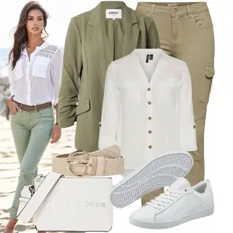 Outfit s Šedá/Khaki/Bílá/Hnědá/Béžová/Světle zelená Tunikové Tričko/Halenka S 3/4 Rukávem/Blůza s nášivkou na lokti/Oversize Muselínová Blůza/Kožená bunda/Blůza s knoflíčkem Vero Moda Tall "Vzhledy pro volný čas"