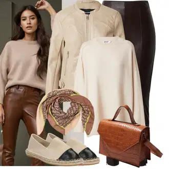 Outfit sa Smeđa/Bež/Kaki Prijelazna Jakna/Motociklistička jakna/Jakna s Patentnim Zatvaračem sa strane/Kožna Jakna Jakna od Umjetne Kože/Kožna Jakna/Kožna Bomber Jakna VERO MODA "Outfit za slobodno vrijeme"
