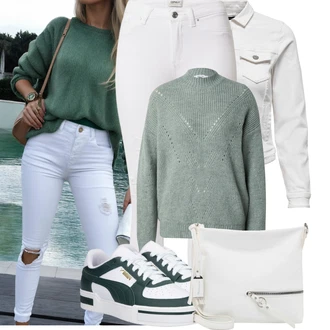 Outfit s Zelená/Světle zelená/Světle modrá/Tmavě zelená Svetr Carmen/Svetr s Výstřihem/Třpytivý Svetr/Kašmírový Svetr/Pletený Svetr/Mohair Pullover/Svetr Niki/Norský Svetr/Jednoduchý Svetr/Vintage svetr/Zimní Svetr/Vlněný Svetr/Svetr s límečkem About You "Vzhledy pro volný čas"