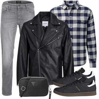 Gefütterte Outfit mit Schwarz Nachhaltige Jacke/Vintage Lederjacke/Bikerjacke/KunstLederjacke/Lederjacke Jack & Jones "Freizeit Outfit"