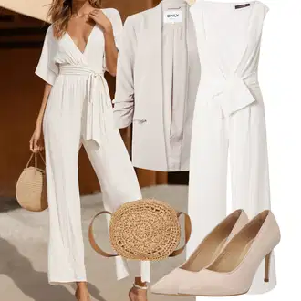 Šik Svatovski gost Outfit sa Krem/Bijela/Smeđa/Kaki Kombinezon širokih nogavica/Vjenčanje Kombinezon/Plisirani Kombinezon/Elegantni Kombinezon/Ljetni Kombinezon Vera Mont "Outfit za slobodno vrijeme"Look: Rap, 20-ih godina, Romantičan, Old Money, Jazz, Ured, Poslovni, Šik, 70-ich, Elegantan