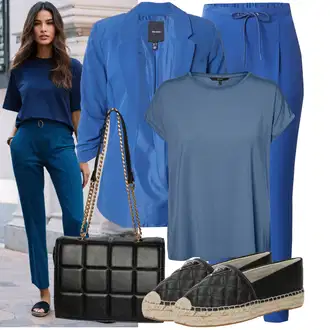 Outfit sa Plava/TamnoPlava/SvjetloPlava Rastezljiva Hlača/Hlače od muslina/Hlače Visokog Struka/Duga Hlača/Jersey Hlača/Štofaste hlača/Skinny Hlače/Slip-on Hlača/Hlača sa Stremenom/Hlače s Prorezom/Uske Hlača VERO MODA "Outfit za slobodno vrijeme"