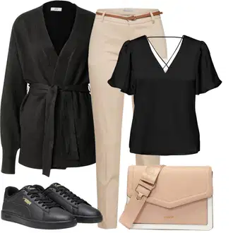Elegantan Outfit sa Crna Bluza Vrh/Bluza Kratkih Rukava/Bluza/Elegantna Bluza/Otvorena Bluza Only "Outfit za slobodno vrijeme"Look: Stil, Rap, moderne, Šik, cool, Elegantan, Talijanski