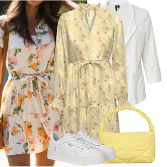 Outfit s Žlutá Košilové šaty/Vintage šaty/Zavinovací Šaty/Šaty s Páskem/Tunikové šaty/Halenkové Šaty/Šaty S Potiskem/Šaty Niki/Občanské šaty Only "Vzhledy pro volný čas"