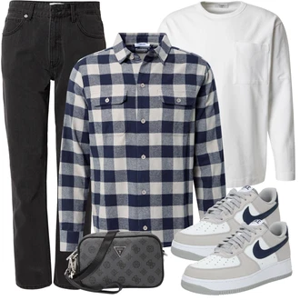 Outfit mit Schwarz/Dunkelgrau/Khaki Mom Jean/Dad Jeans/Tapered-Jeans/Straight Leg Jean/Girlfriend Jeans/Winterjacke/Thermojeans/High Waist Jeans/Formelles Hemd DAN FOX APPAREL "Freizeit Outfit"