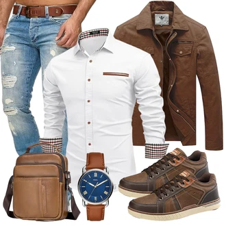 Stil Motorrad Outfit mit Braun/Khaki/Dunkelbraun Sommerjacke/Lederjacke/Frühlingsjacke/Herbstjacke/Cordjacke/Shirtjacke/Militärjacke/Wachsjacke WenVen "Freizeit Outfits"Look: Retro, Classic, Coole, Rap, Vintage, Chill, Büro, Stil, Militär, Indoor, Schütze, Workwear, Western, Outdoor, Maritim, Country Styl, Angeln, Wandern, Arbeits, Freizeit, Trekking, Jagd, Reiten, Motorrad, Berg­steigen