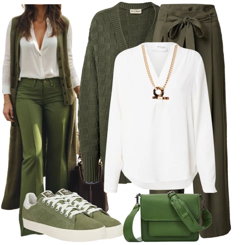 Kombinace Bílá/Krémová Blůza s knoflíčkem/Halenka se Stojatým Límcem/Halenka s Dlouhým Rukávem/Oversize Halenka/Slip-on Halenka Selected kombinovat s Tmavě zelená/Khaki Plisovaná kalhoty/Paperbag Kalhoty/Široká Kalhoty/Mušelínové kalhoty About You