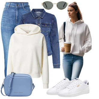 s kapucí Outfit s Krémová/Béžová/Khaki/Bílá Svetr s kapucí/Pletená mikina s kapucí/Oversize mikina/Kožená bunda/Originální mikina/Sportovní mikina/Sportovní mikina/Fleecová Mikina/Vintage mikina Leger by Lena Gercke "Outfity na volný čas"