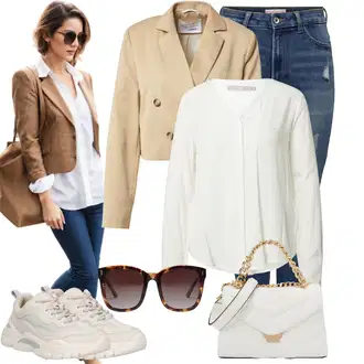 Stil, Western Outfit sa Krem/Bijela Crash bluza/Bluza s Podignutim Ovratnikom/Slip-on Bluza/Kožna jakna za muškarce/Otvorena Bluza/Bluza s gumbom/Musseline Bluz/Poslovna Bluza/Bluza Dugih Rukava Fransa "Proljetni outfit"Look: Stil, klasický, moderne, Sveučilišna, Ured, Transparentan