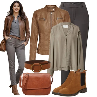 Outfit s Hnědá/Khaki/Tmavě šedá/Šedá Navlékací Kalhoty/Bengaline Kalhoty/Kalhoty s Vysokým Pasem/Kalhoty se Štěrbinou/Strečová Kalhoty/Zimní Kalhoty/Business Kalhoty/Mušelínové kalhoty/Skinny Kalhoty/Úzká Kalhoty/Obleková Kalhoty VERO MODA "Outfity na volný čas"