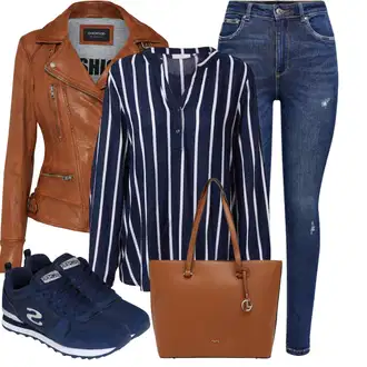 Outfit s Tmavě modrá/Modrá Oversize Halenka/Halenka s Dlouhým Rukávem/Slip-on Halenka/Halenka s Kapucí/Blůza s knoflíčkem/Halenkový Top Kaffe "Cool každodenní outfit"
