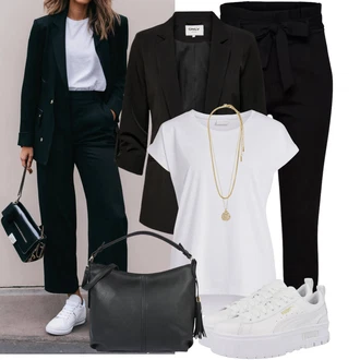 Outfit sa Crna Hlača sa Stremenom/Hlače Visokog Struka/Paperbag Hlača/Pletena Tajica VERO MODA "Proljetni outfit"