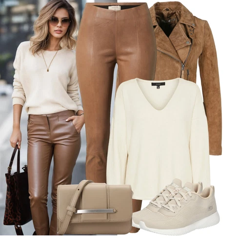 Kombinace Khaki/Béžová/Hnědá Kožená Kalhoty/Kalhoty z Umělé Kůže/Kožený legíny/Legíny Kožený Vzhled Cream