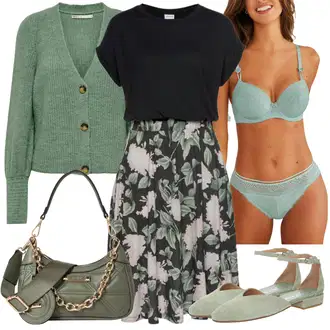 Ke kolenům Outfit s Růžová/Zelená/Černá/Tmavě zelená Šaty S Potiskem/Halenkové Šaty/Šaty Do Áčka/Pouzdrové Šaty/Ležérní Šaty/Šaty S Kosticí/Šaty S Odhalenými Rameny/Letní Šaty Buffalo "Jarní outfit"