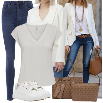 Outfit s Krémová/Hnědá/Béžová/Khaki/Šedá/Bílá Teniska Kožené Tenisky/Teniska na platformě/Letní Tenisky/Nízká Teniska/Teniska teddy/Úzká Teniska/Teniska s dírkovaným vzorem Geox "Jarní Outfit"