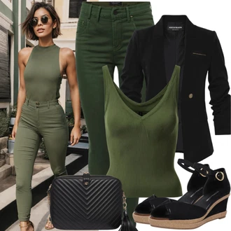 Outfity pro letiště Cool s Černá/Béžová Espadrille pantofle/Espadrilka na Podpatku/Espadrille sandál/Espadrilka s klínovým podpatkem About You, Černá Krátké Sako/Blejzrové Bund/Teplákový blejzr bershka "Kancelářský ležérní styl"Look: Ležérní, Cool, Krásný, Bezešvé, Skromné, Skater, Sportovní, 90tá léta, Moderní, Kancelář, Techno, Pracovní oděvy