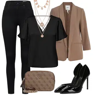 Elegantan Outfit sa Crna Bluza Vrh/Bluza Kratkih Rukava/Bluza/Elegantna Bluza/Otvorena Bluza Only "Moderna kombinacija za proljeće"Look: Stil, Rap, moderne, Šik, cool, Elegantan, Talijanski