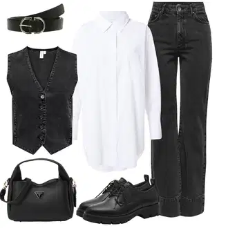 Outfit sa Crna/Tamnosiva/Kaki/Siva Traperice Široke Nogavice/Zimska jakna/Trapez Traperice/Muška Kožna Jakna/Traperice s Prorezom/Traperice Ravne Nogavice/Traperice Opuštenog Kroja/High Waist Traperice/Muška majica Only "Lagana odjeća"