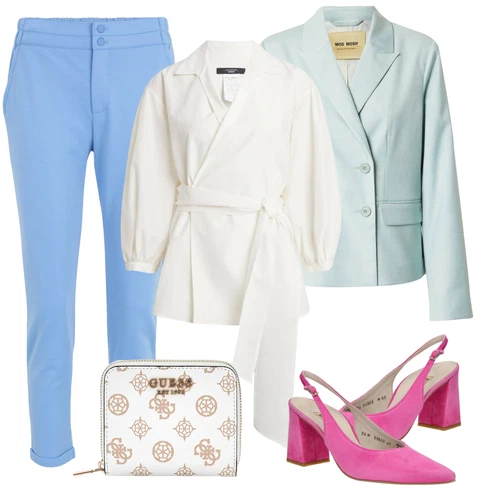 Svetlo modra Blazer kombinirajte z Freequent, Svetlo modra/Modra/Turkizna Blejzerji z Dvojnim Zapenjanjem/Oprijet Blazer/Klasični Blazer/Kratek Blejzerji/Blejzerji Jakna/Eleganten Blazer MOS MOSH, Weekend Max Mara, Guess, Paul Green
