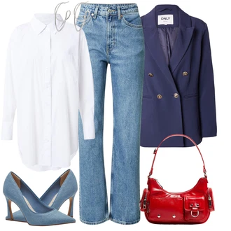Džínovina Outfit s Bílá/Světle modrá/Krémová Dlouhá Halenka/Oversize Halenka/Tunikové Tričko/Oversize Muselínová Blůza/Halenkové Body Tom Tailor Denim "Klasický jarní outfit"