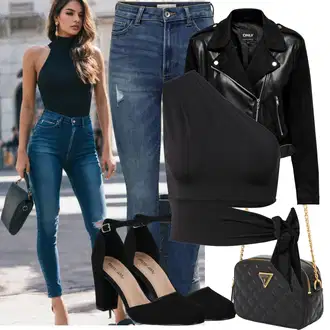 Zakrpe Outfit sa Crna Kožna Jakna/Kratka Jakna/Jakna od Umjetne Kože/Crop Jakna/Motociklistička jakna/Bajkerska Jakna Only "Cool proljetni look"