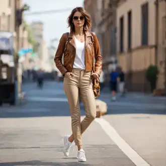 Outfit sa Bež/Siva/Smeđa Kožna Jakna Jakna od Umjetne Kože/Bajkerska Jakna/Kožna Jakna/Vintage Kožna Jakna Only "Kožni Proljetni Izgled"