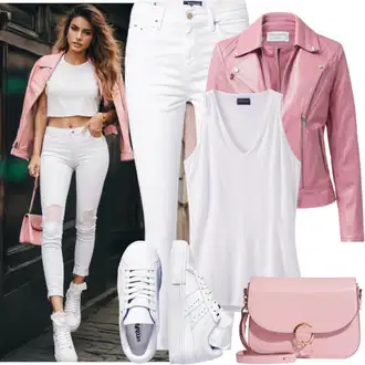 Outfit Inspo Poletje mit Bela/Bež/Krem/Khaki Usnjene superge/Superge Nizka/Poletne superge/Ozka superga Polo Ralph Lauren, Roza/Rjava Poletna jakna/Usnjena Bomber Jakna/Vintage usnjena jakna/Slip-on jakna/Usnjena Jakna/Jakna iz Umetnega Usnja lemonada, Bela/Krem Majica brez rokavov/Športna majica brez rokavov/Top brez rokavov karl lagerfeld, Črna/Roza/Bela/Oranžna Torba za čez ramo/Men's Bags/Torbica za čez ramo/Torba za čez ramo/Billfold/Mini torbica/Satchel torba Guess "Kul Kavbojski Stil"