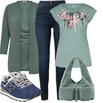 Outfit s Tyrkysový/Zelená/Khaki Pletenina veľkej veľkosti/Tunika/Kabát/Kalhoty Veľké Veľkosti Only "Pouliční styl oblečení"