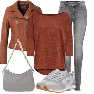 Outfit s Hnědá/Oranžová Kožené Bund Bunda z Umělé Kůže/Kožená vintage bunda/Motorkářská bunda/Motorkářské Bund/Kožené Bund Oakwood "Stylové kombinace pro volný čas"